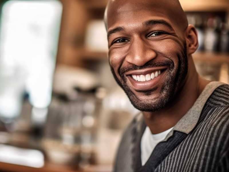 man smiling coffee shop